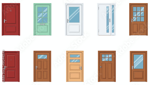 Series of colorful wooden doors in a storefront display showing varied styles and colors.