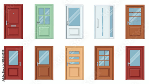 Collection of colorful exterior doors showing varied styles and frames in a row.
