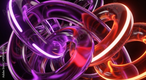 Vibrant abstract 3D rendering of intertwined metallic rings in purple and orange hues.