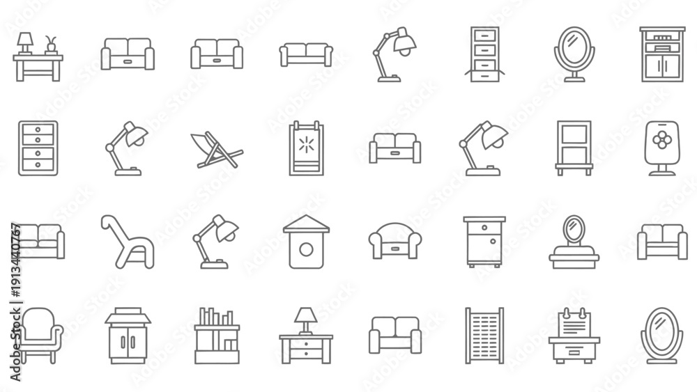 Obraz premium Collection of gray line icons representing home furniture and objects.