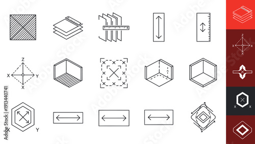 Collection of geometric shapes and isometric wireframe icons for design and illustration.
