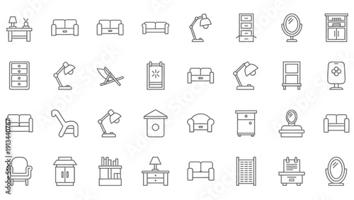 Collection of gray line icons representing home furniture and objects.
