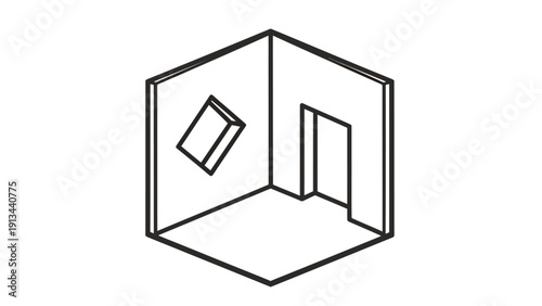 Isometric interior sketch of a minimal cube room with doorway and window.