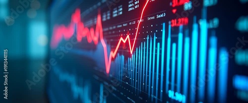 Dynamic stock market graph with fluctuating trends, as camera slowly pans across a cinematic financial dashboard, showcasing real-time data analysis and economic insights in a modern setting.