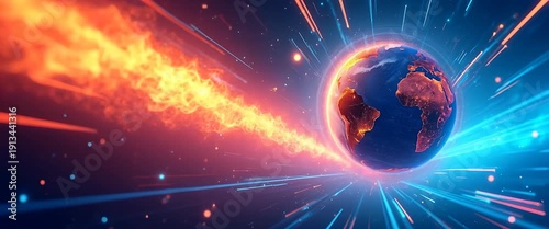 Dynamic cosmic scene with Earth rotating amidst vibrant streaks of light, camera smoothly panning across the galaxy, capturing the energy and motion of a cinematic space odyssey.