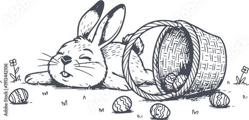 hand drawn illustration of a cute sleeping bunny next to a spilled easter basket with decorated eggs black fill style with no white fills included