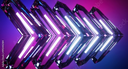 Futuristic neon lights reflected in mirrored glass surfaces.