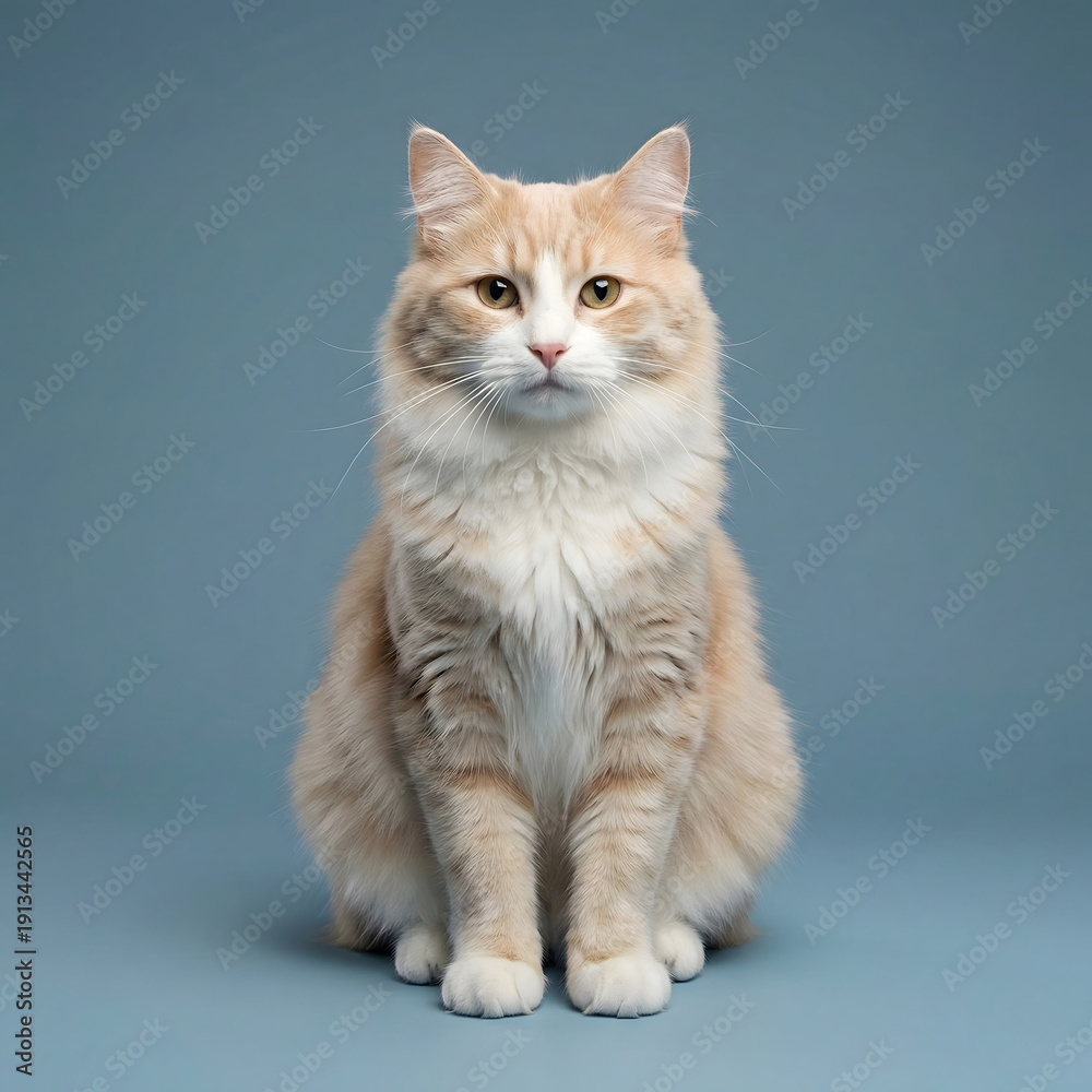 Fototapeta premium Fluffy Orange and White Cat Sitting on Blue Background