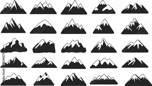 Large mountain icon collection with snow capped peaks, minimalist black silhouette alpine ranges, vector mountain symbols set for travel, hiking, nature branding and outdoor adventure