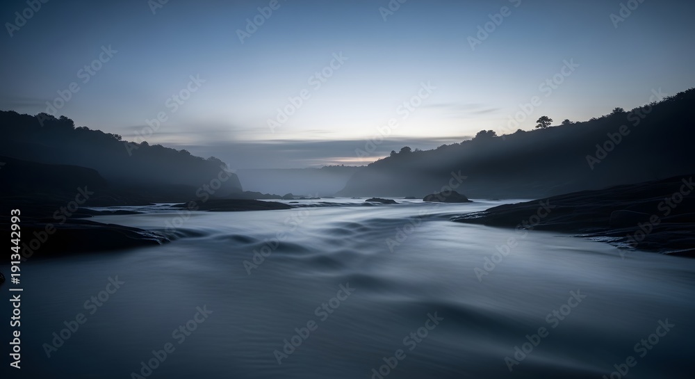 Obraz premium Serene River Flowing Through Misty Hills at Twilight, Long Exposure Nature Landscape