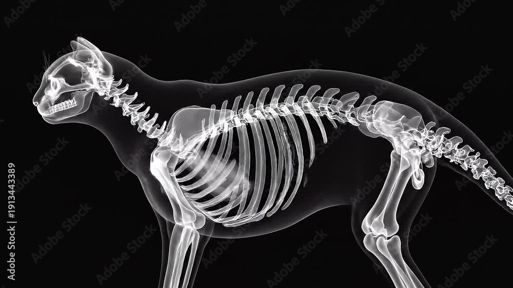 Cat Rib Label An X-ray image revealing the detailed skeletal structure of a domestic ...