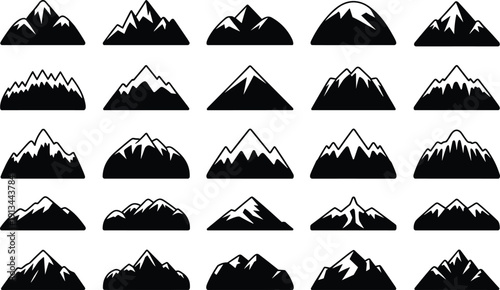 Mountain silhouette icon collection with snowy alpine peaks, bold black vector mountain set for travel, hiking, outdoor adventure branding, nature landscape and minimalist design assets