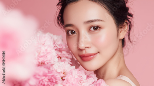 ピンクの花と微笑む美しいアジア人女性