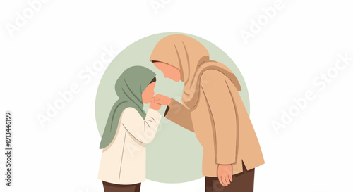Flat illustration of a child respectfully kissing an older woman's hand, a tender gesture symbolizing deep affection, cultural tradition, and intergenerational respect