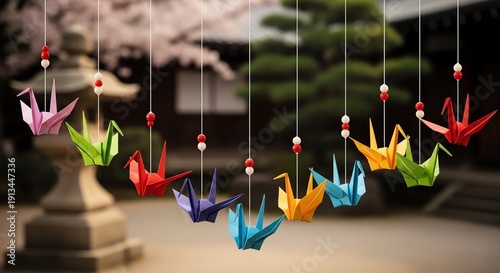 Colorful origami cranes hang from strings with red beads in a serene outdoor setting with blurred Japanese garden background.