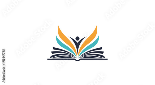 Open book with abstract human figure and colorful wings.