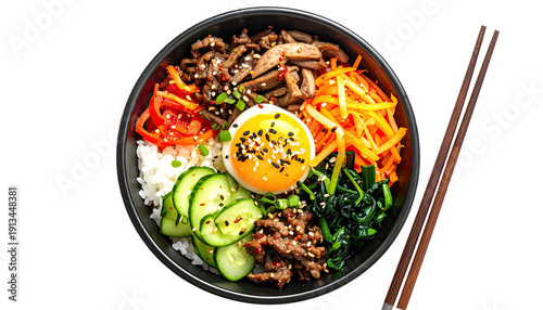 Overhead view of a bowl of Korean Bibimbap with rice, vegetables, egg, and meat