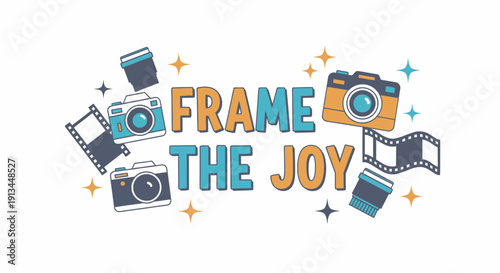 Colorful Cameras and Film Strips Surrounding Text.
