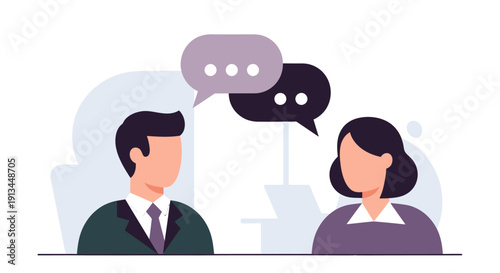 Two people communicating with speech bubbles above their heads.