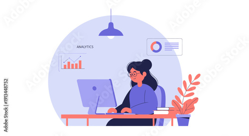 Woman working on computer at desk, focused on tasks.