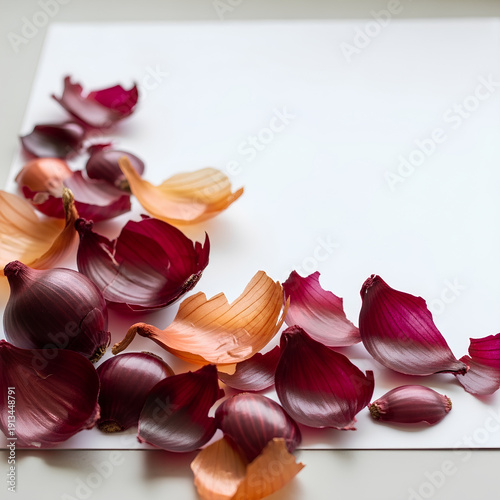 Collection of red onion skins spread out on a plain white paper sheet in the lower left corner of a light neutral surface, large empty right and upper area as negative space.