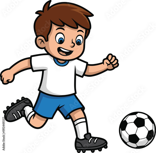 Cute cartoon boy illustration playing soccer and kicking a black and white ball while wearing a white shirt and blue shorts for sports branding