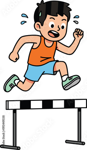 Cute cartoon boy illustration jumping over a track hurdle while sweating for youth sports competition track and field athletics fitness and health branding,