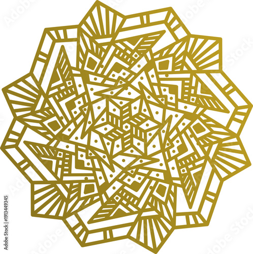 Gold geometric mandala design featuring sharp angular lines and repetitive symmetrical patterns.