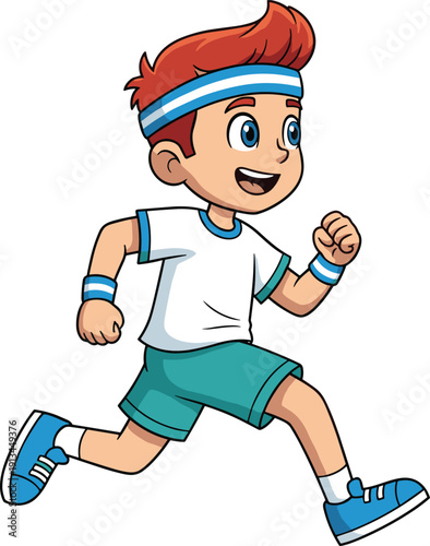 Cute cartoon boy illustration running and jogging wearing a white shirt teal shorts and a blue headband for youth fitness sports branding and health,