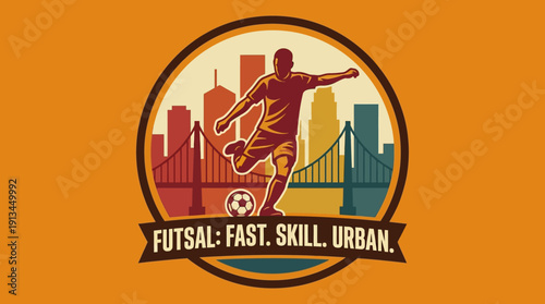 Futsal Fast Skill Urban Concept Design Featuring a Player and Cityscape with Buildings