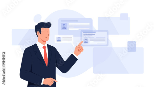 Businessman pointing at digital profiles, recruitment concept, modern flat illustration
