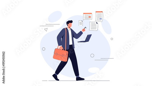 Businessman walking with laptop, briefcase, and documents, focused on work tasks.