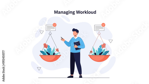 Business man balancing workload on scales, task management, productivity concept