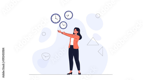 Woman juggling clocks, symbolizing time management, multitasking, and busy schedule