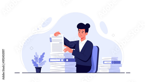 Woman working with documents, overwhelmed by paperwork at desk, business concept