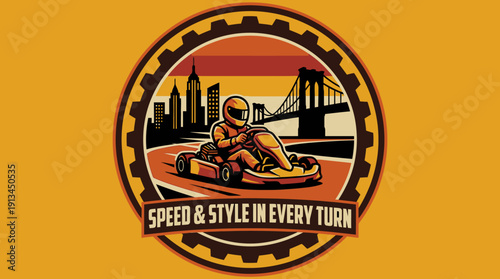 Go-kart Racing Emblem Featuring a Driver in the City with Vintage Sunset Colors
