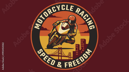 Motorcycle Racing Speed And Freedom Emblem With Cityscape And Sunset