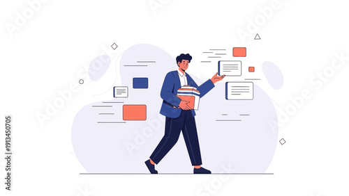 Man holding stack of books, walking with information cards, modern flat illustration