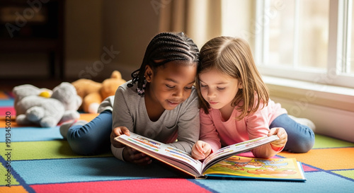 Two girls reading a book together diverse friendship learning and childhood development kids school 