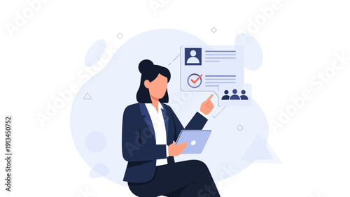 Businesswoman analyzing candidate profile, recruitment and hiring process concept