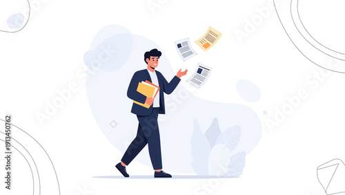 Businessman juggling papers and folder, multitasking and time management concept