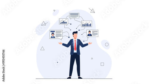 Businessman juggling multiple tasks and projects, workflow management concept