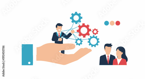 Business Solution and Support Concept. Businessman managing interconnected gears on a helping hand, representing process optimization, teamwork, and integration.