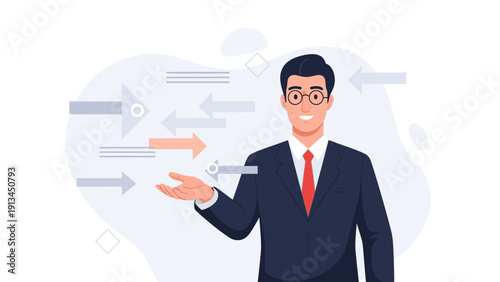 Businessman Showing Direction with Arrows, Decision Making, Strategy, Business Concept
