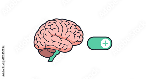 Human Brain Activation Concept: Cartoon Illustration of Brain Organ and Green Plus Toggle Switch for Cognitive Enhancement, Focus, and Mental Power Boost