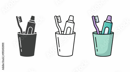 Toothbrush and toothpaste tube inside a cup icons in silhouette, line art and colored flat vector styles on white background, concept for dental healthcare, oral hygiene and bathroom design