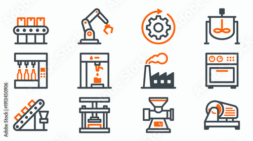 Industrial food processing factory equipment line icons set with orange and grey colors on white background, concept for manufacturing automation, plant management and engineering services