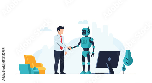 AI Robot Shaking Hands with Human Businessman: Partnership, Future of Work, and Digital Transformation Concept