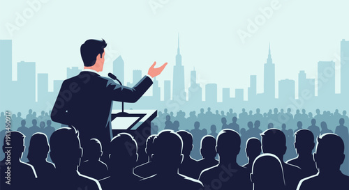 Public Speaker Addressing Large Audience at City Conference Podium. Corporate Presentation, Leadership, and Political Communication Concept Vector Illustration.
