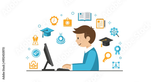 Online Education and E-Learning Concept Illustration. Student Using Computer for Digital Knowledge, Skill Development, and Career Success.